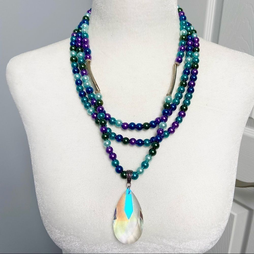 Multistrand beaded crystal pendant necklace